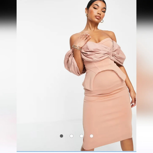 ASOS DESIGN poplin overlay corseted pencil midi dress in camel/mauve. Size 6 NWT - Picture 1 of 16
